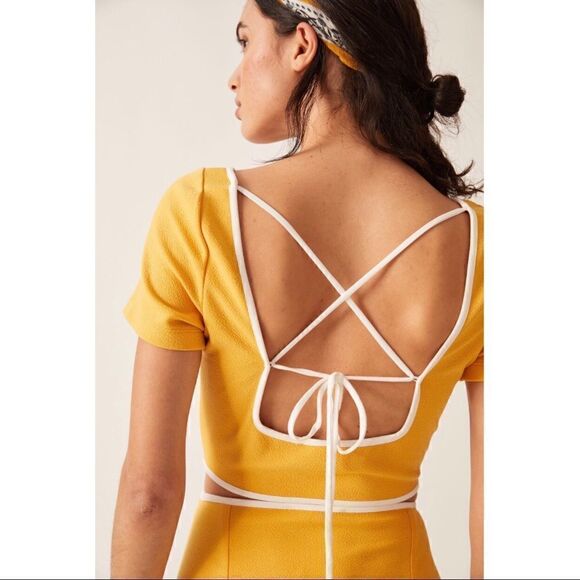 NEW Anthropologie Maeve Textured Corset Yellow Crop Top & Midi Skirt Set Medium - Picture 5 of 5